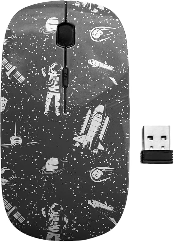 2.4GHz USB Wireless Mouse, Space Monochrome Astronaut Pattern, Ergonomic Slim Computer Mice for Kids