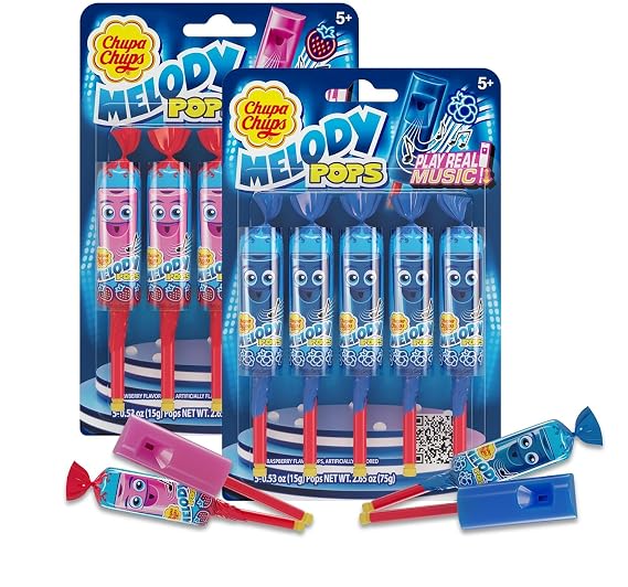 Bundle of Chupa Chups Melody Pop, Blue Raspberry and Strawberry Flavor, Whistle Lollipops, Individually Wrapped Candy Suckers, 10 Count Pack