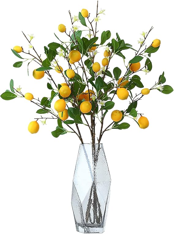 Artificial Lemon Branches, Yellow Fake Lemon Stems with Green Leaves, Fake Lemon Tree Decor Spring Faux Greenery Stems for Home Table Wedding Party Decor (2pcs)