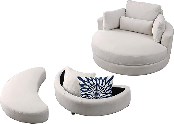Swivel Accent Chair Barrel Chairs Modern Oversize Round Club Chair with Storage Ottoman 360 Swivel Leisure Lounge Chair for Living Room (Beige)