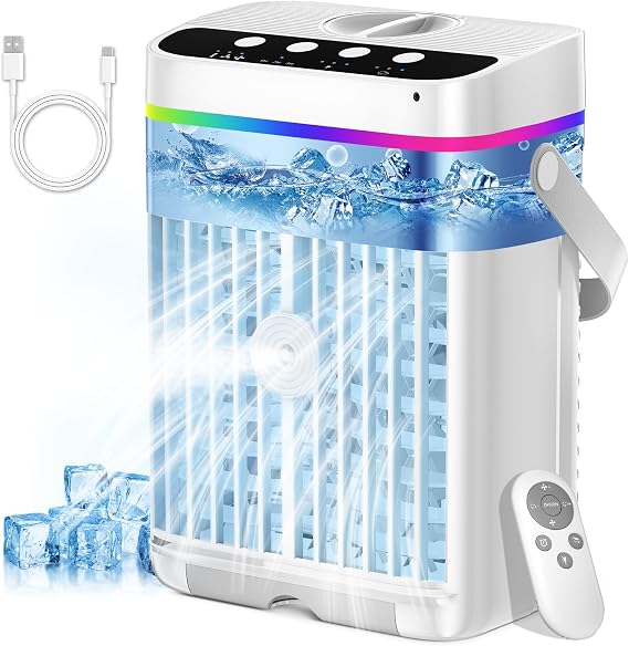 Portable Air Conditioner 1250ML, 4 In1 Mini Desktop AC Unit for Bedroom, Small Evaporative Air Cooler with 3 Speeds & Cool Mist, LED Light, 1-3 H Timer, Quiet Personal Air Coolers for Dorm Office