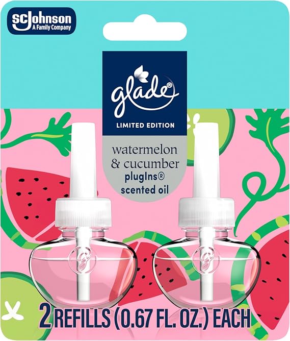 Glade PlugIns Refills Air Freshener, Watermelon & Cucumber, Scented and Essential Oils for Home and Bathroom, 1.34 Fl Oz, 2 Count