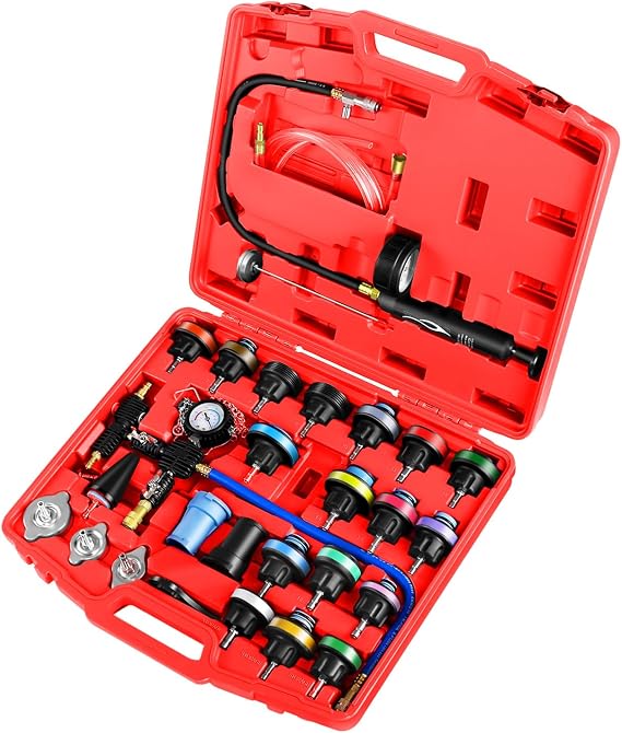 JIFETOR Radiator Coolant Pressure Tester Vacuum Refill Tool 28PCS Kit Red | Automotive Cooling System Manual Leak Test Pneumatic Purge Fill Set 21PCS Testing Adapter Cap Universal for Airlift Car Truck
