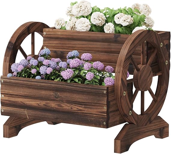 Kitsanery Wooden Planter Box,Planters for Outdoor Plants, Flower Cart for Patio Garden Balcony, Backyard Decor Garden Planters with Wheels for Flowers,Vegetables (Carbonised Colour (Dark Brown))