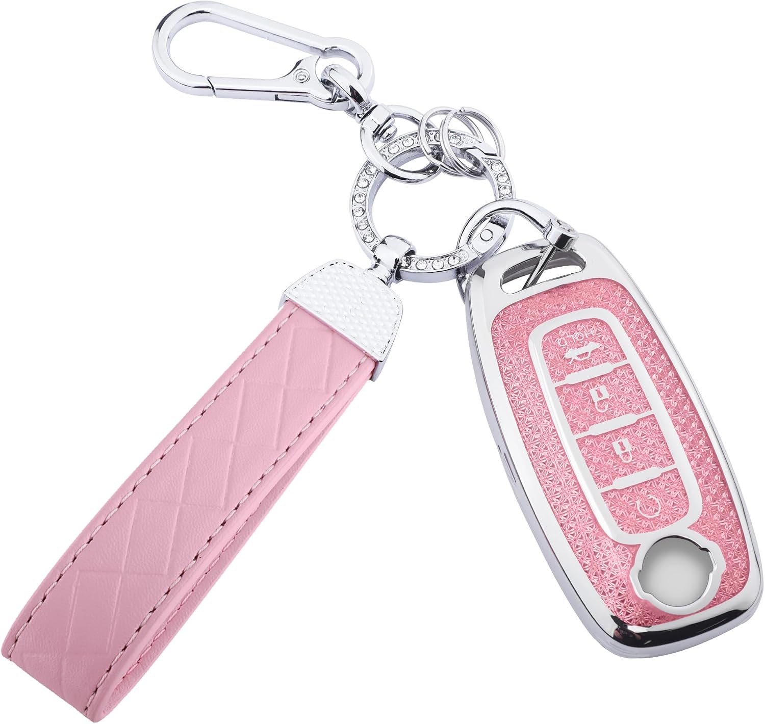 for Nissan 4 Buttons Key fob Cover, Soft TPU Keys Protector Bling Key Fob Keychain for Rogue SL Ariya FWD Pathfinder X-Trail Sentra SV 2023 2024 2025 285E3-7LA6A, Silver Pink