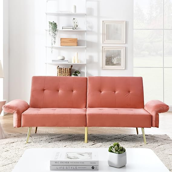 78" Velvet Futon Sofa Bed, Modern Convertible Sleeper Couch Bed with Folded Armrests, Side Pokets, Velvet 2-Seat Futon Sofa, Memory Foam Loveseat for Living Room Small Space Studio Apartment (Pink)