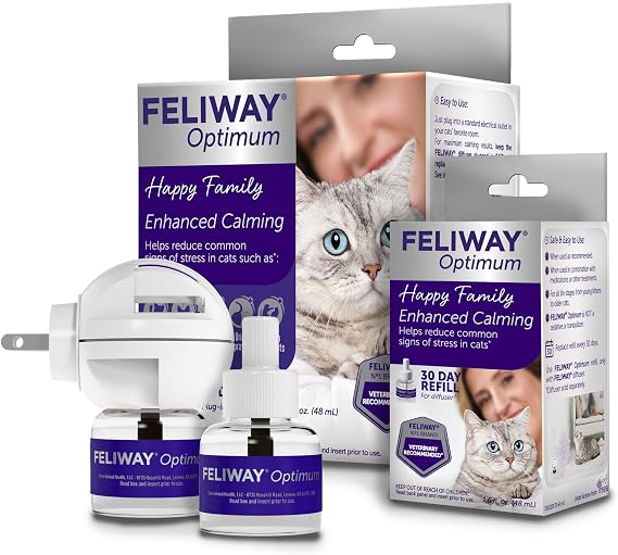 FELIWAY Optimum Cat Calming Diffuser Kit and 1 Pack Refill Advanced Support to Help Reduce Urine Spraying, Scratching, Fighting and Hiding Due to Stress All in One Cat Pheromone Plug in Diffuser