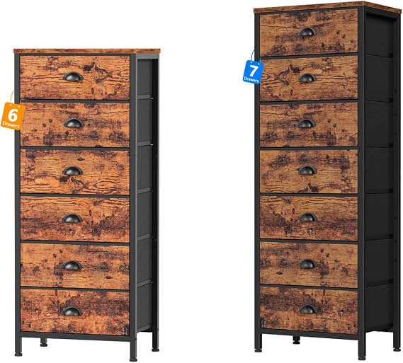 Furnulem Dresser with 6 & 7 Drawers,Tall Chest of Drawers Industrial Fabric Dresser for Bedroom,Vertical Storage Tower Bedside Furniture
