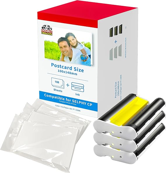 Double Dragon Replacement for Canon Selphy CP1300 KP-108IN Ink and Photo Paper Set | for CP Printer CP1500 CP1300 CP1200 CP1000, 3115B001(AA), 3 Color Ink Cassette + 108 Sheet Paper 100 x 148mm