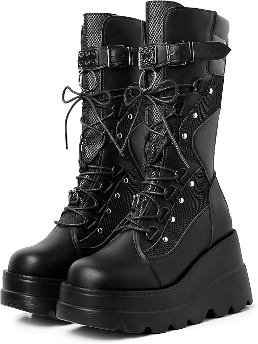 mikarka Goth Boots - Holographic Combat Platform Boots for Women Knee High | Rave Style Mid Calf Boots, Lightweight Wedge Boots, Lace Up & Zipper Closure, Wide Toe Box, All-Day Comfort Wear for Concert