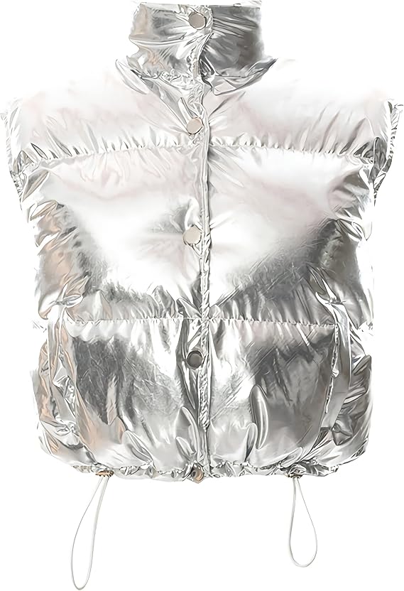 Flygo Women's Winter Crop Vest Metallic Quilted Down Vest Sleeveless Puffer Jacket