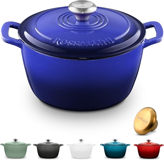 ROSSALLINI Signature Enameled Cast Iron Dutch Oven, Non-Stick Serving Pot with Tight Fitting Lid for Perfect Roasting, Baking, Sauteing, and Bread Making | 2Q (1.9L) - Indigo Blue