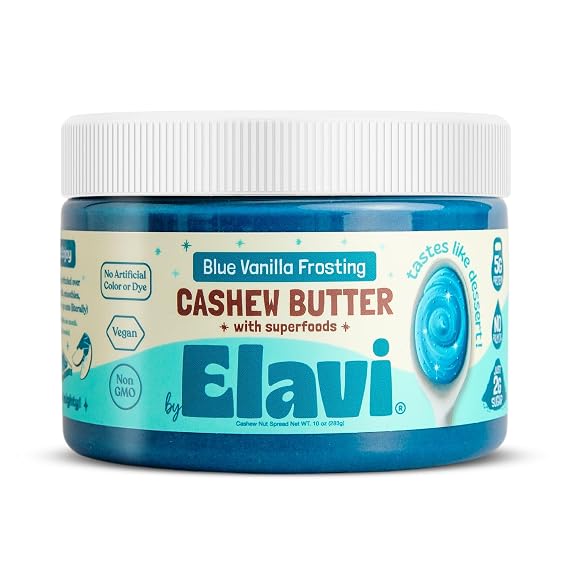 Elavi Cashew Butter - Blue Vanilla, 10oz Jar | Naturally blue superfood dessert spread, date & monk fruit sweetened, no palm oil, no sugar alcohols