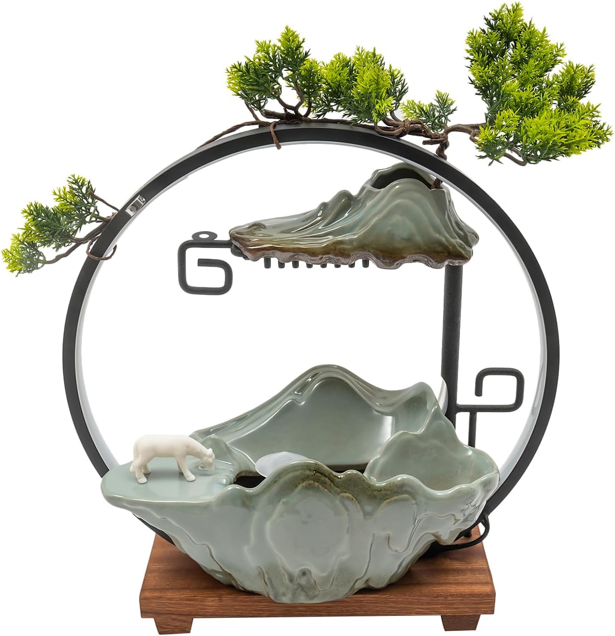 Tabletop LED Fountain, Indoor Desktop Waterfall with Mist Relaxation Fountains for Meditation with Fake Plants Feng Shui Decor for Good Luck Wealth