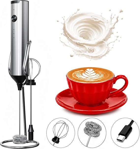 Handheld Milk Frother Wand Rechargeable with Stand - Stainless Steel Double Whisk Milk Frother Handheld -Coffee Stirrers Electric Drink Mixer - Coffee Frother (Silver)