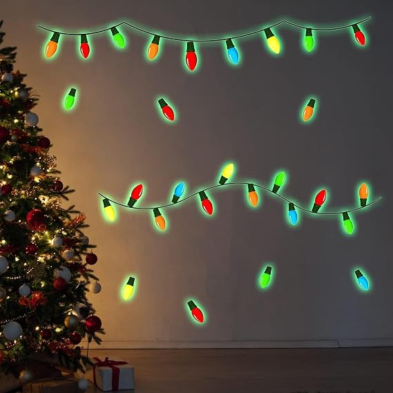 3 Sheets Glow in The Dark Light Bulb Wall Decals - Green Luminous Christmas Wall Stickers Window Cling Party Supplies for Holiday Decoration
