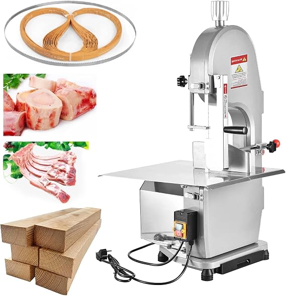 Bone Saw Machine 12.4" x 18.1" Workbench, 750W Electric Frozen Meat Cutter, Bone Commercial Meat Bandsaw for Butchering, Max Cutting Height 250mm with 5 Saw Blades