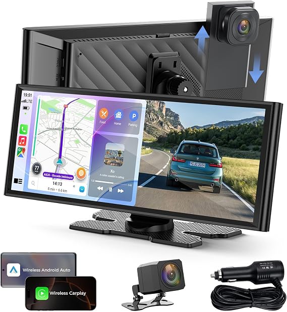 9.26" Wireless CarPlay Screen with 4K+1080P Dual Dash Cam Front and Rear
