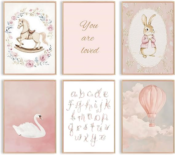 Uniro Pink Nursery Wall Decor Art Prints, Vintage Baby Girl Nursery Room Decor, Cute Baby Girl Room Decor Swan Bunny Hot Air Balloons Alphabets Canvas Painting, Antique Nursery Poster for Little