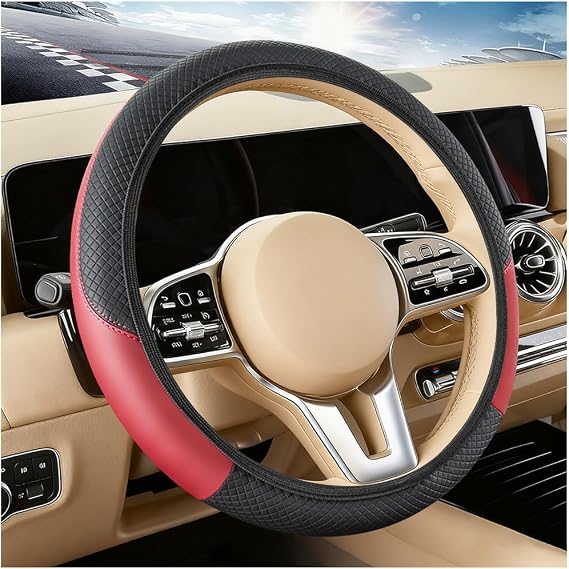 Zpana Car Steering Wheel Cover, Elastic Stretch Leather Non-Slip Vehicle Steering Wheel Guard, Automotive Interior Protective Decor Accessories, Universal for SUV RV Truck (Black/Red)