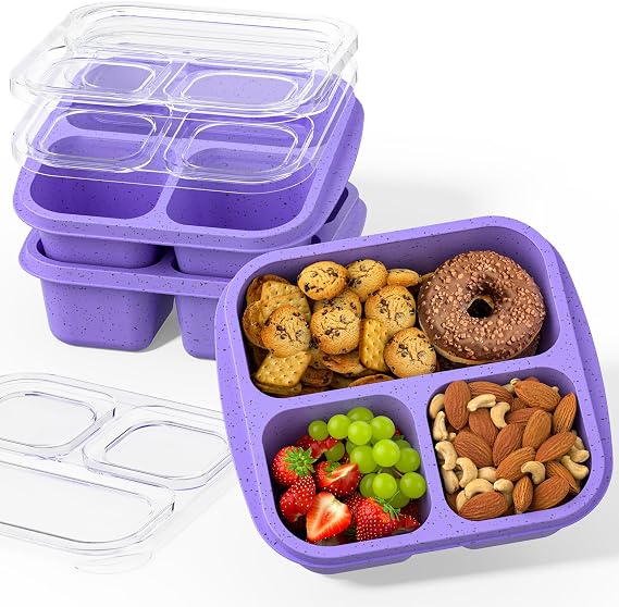 Snack Boxes (3 Pack) - Stackable Bento Boxes with 3 Compartments, Meal Prep Containers Reusable, Lightweight Lunch Containers for Kids and Adults, BPA Free (Purple)