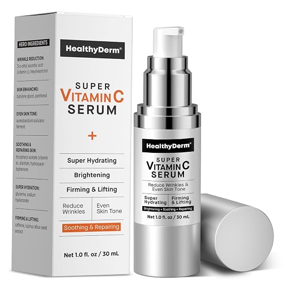 HealthyDerm Super Vitamin C Serum for Women Over 70: Niacinamide, Vitamin C, Hyaluronic Acid, Peptides, Vitamin E, Caffeine, Bakuchiol, Hydrating, Lifting, Face Wrinkle & Age Spots Reduction