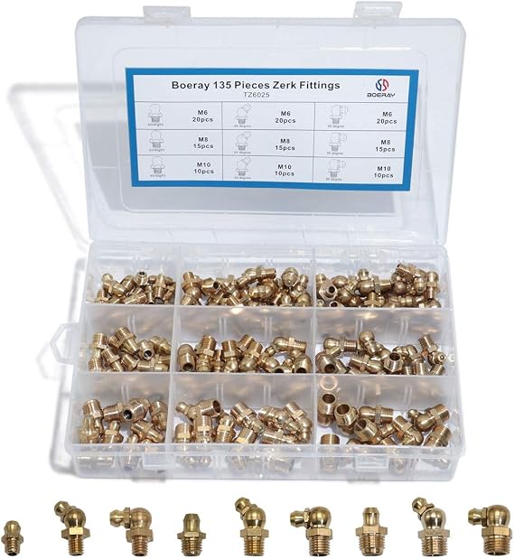 Straight and 90 Degree and 45 Degree Brass Zerk Grease Nipple Fitting Assortment Kits M6 M8 M10 135pcs