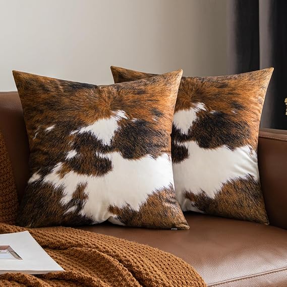 Pack of 2 Decorative Throw Pillow Covers Cowhide Brindle Printed Couch Throw Pillows Cushion Covers for Home Decor Living Room Sofa Bedroom 18x18 Inch