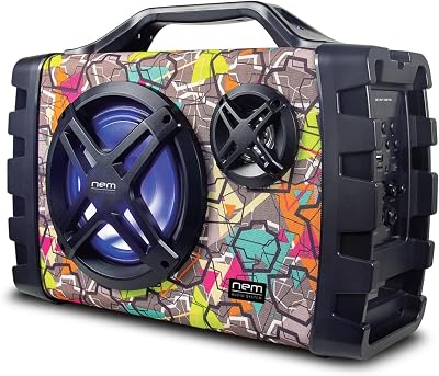 NEM Mobi7e Portable Wireless Bluetooth High Performance Stereo Speaker Extra Bass, USB Recording, Rechargeable Battery, AUX and TF Card Input, FM Radio, MP3, Mic and Guitar Input, LED Light Graffiti