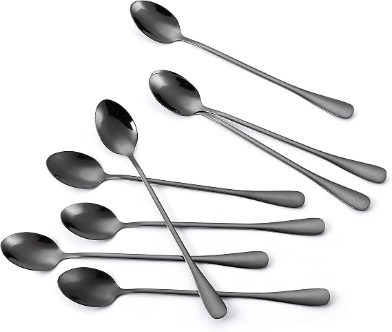 Marco Almond KYA59 Iced Tea Spoon, Ice Cream Spoon, Titanium Coated Stainless Steel Long Handle Spoons for Coffee, Cocktail Stirring, Milkshake, Latte, Pack of 8, Black