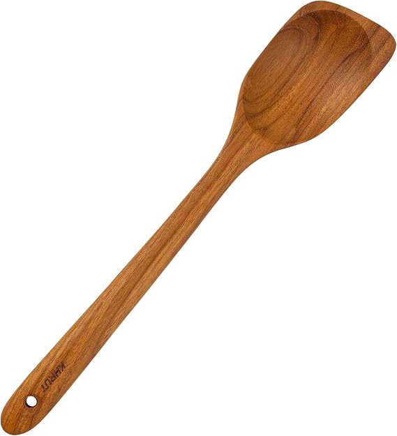 Teak Long Handle Wooden Corner Spoon - 13.2 Inch, Teflon Friendly, Natural Teak Utensil for Non-Stick Cookware