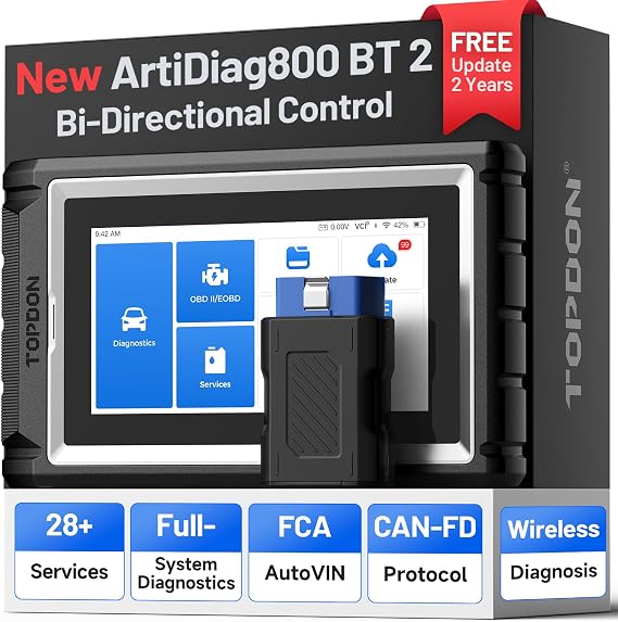 TOPDON ArtiDiag800BT 2 OBD2 Scanner, Full System Bidirectional Car Diagnostic Tool, 28+ Functions, AUTOVIN, FCA AutoAuth CAN-FD Protocol, Wireless Bluetooth Diagnosis Scan Tool, 2 Years Free Updates