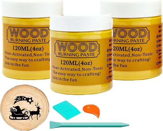 JAJADO 3 Jars Wood Burning Paste with 2 Squeegee, 4 OZ Wood Burning Gel Etching Cream Heat Activated Paste for Craft Wood Slice, Denim, Canavas, Wood Burning Marker Pen DIY Art Craft Tool