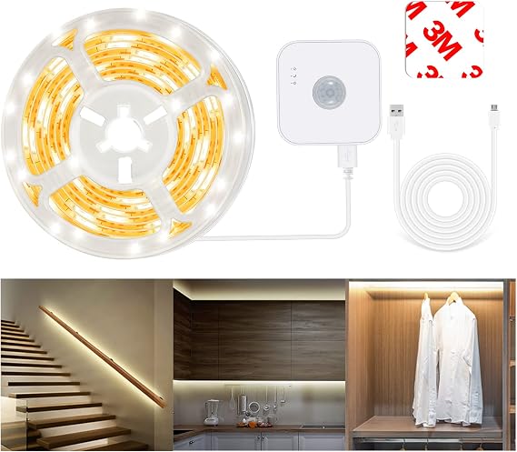 Motion Sensor LED Light Strip with Dual Power Supply and Auto Shut-Off Timer, Night Light, 9.84ft Motion Activated Waterproof LED Strip Light for Kitchen, Cabinet, Bedroom, Shelf, Bed Warm White 2700K