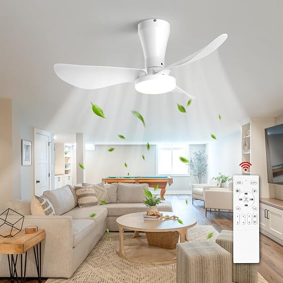 Ceiling Fan with Light and Remote,32 Inch White Flush Mount Low Profile Ceiling Fan, Dimmable Noiseless Reversible DC Motor Fan for Dinning Room Bedroom Living Room Basement Kitchen