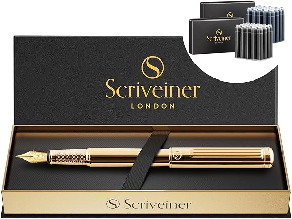 Scriveiner Luxury Fountain Pen - Stunning Gold Pen, Real Gold Plating, Schmidt Gilded Nib (Fine), Bundle with Fountain Pen Ink Cartridges - Black & Blue - 20 Standard International each box