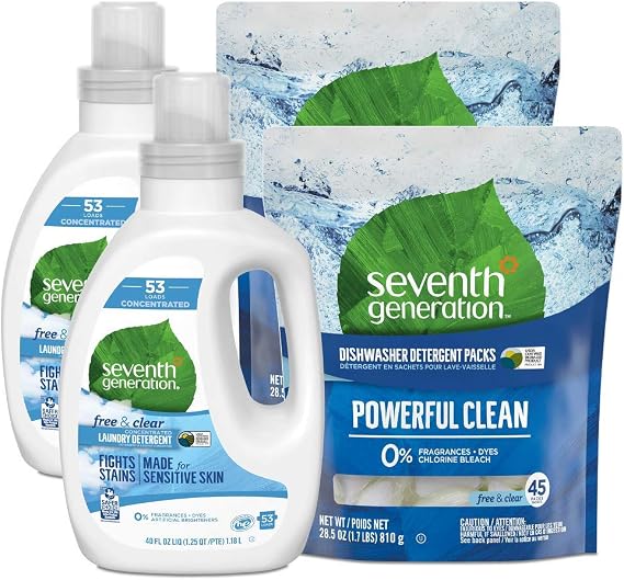 Seventh Generation Dishwasher Detergent Packs, Free & Clear, 90 Packs with Concentrated Laundry Detergent, Free & Clear, 106 Loads