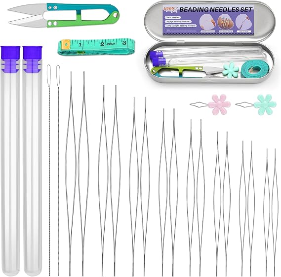 UOOU 32 Pcs Beading Needles Set, 8 Sizes Big Eye Bead Needles, Twist Beading Needles for Seed Beads, Jewelry Making