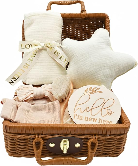 7-Piece New Baby Gifts, Baby Boy Girl Persent, Baby Shower New Mum Gifts, 8 in 1 Set - with Blanket, Babys Hairband, Babys Brush, Socks, Milestone Card (Beige)