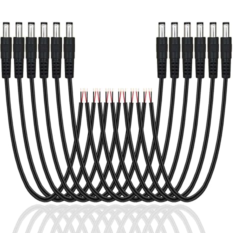 12 Pack DC Power Cable 12v DC Power Plug Cord Male Connectors 2.1mm x 5.5mm DC Pigtail Adapter Barrel Jack Socket Wire for CCTV Security Camera,DVR,Car Rearview Monitor System Video,LED Strip Light