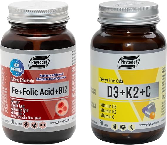 Phytodef Iron + Folic Acid + Vitamin B12 + Vitamin C - 30 Tablets & D3 + K2 + C - 60 Tablets