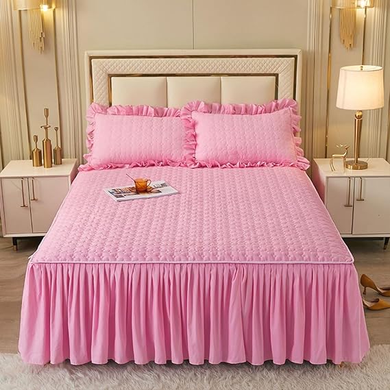 3Pieces Quilting Bedspread Ruffled Bed Skirts 3 Side Coverage 17 Inch Drop Dust Queen Size Bedskirts Cotton Bedskirt Breathable Bedding Set with 2 Pillow Cases (Color : Pink A, Size : Twin)