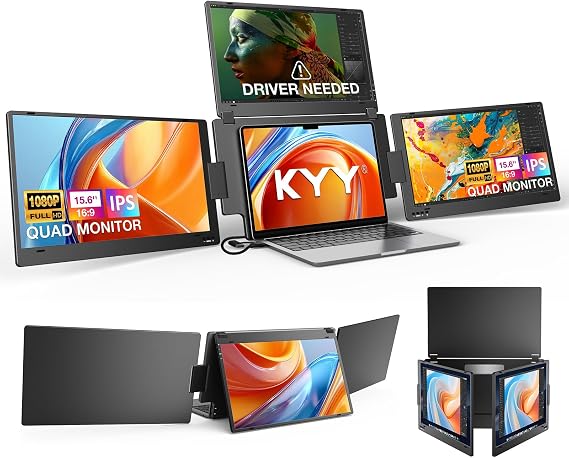 KYY Triple Screen Laptop Monitor Extender 15.6" Quad Laptop Screen Extender | Portable Triple Monitor 1080P FHD with 1 USB-C Connect 4 Screen Workstation, Aluminum Alloy, Auto Rotation for 1217", Driver