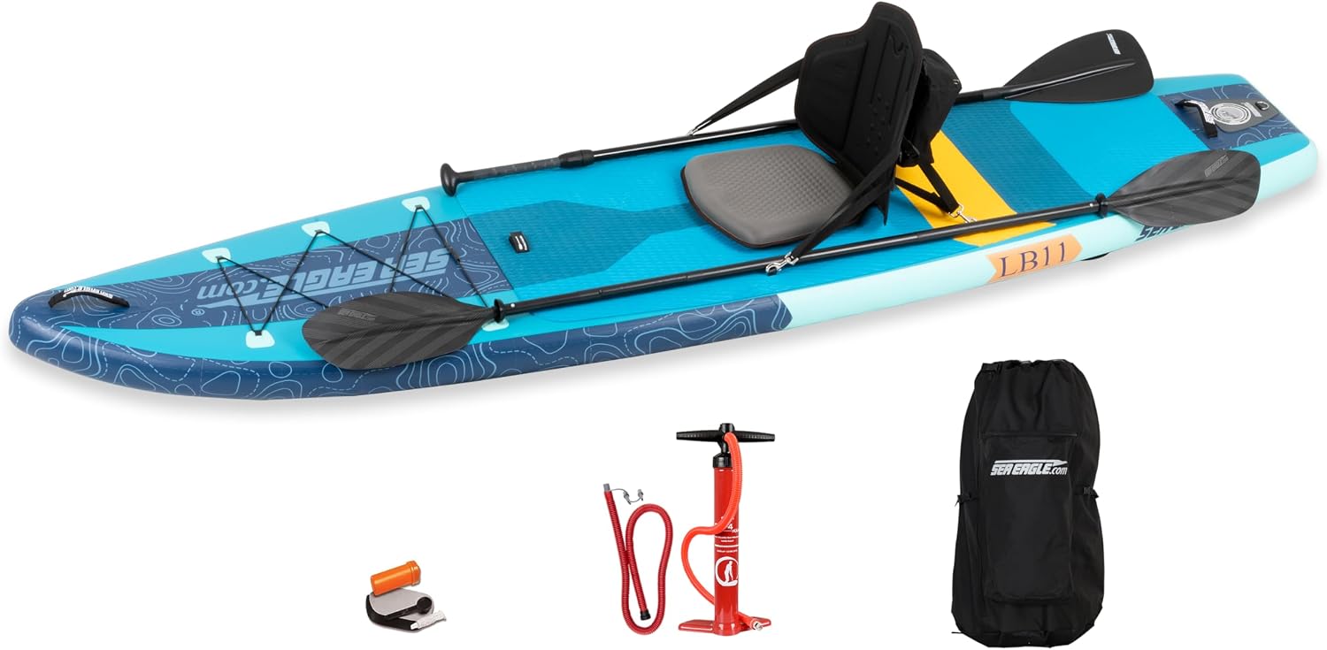Sea Eagle Newly Re-Designed Longboard LB11 Inflatable Stand UpSit Down 11 iSUP Paddleboard - BeginnersExperts, Flat WaterSurf- Sit, Stand, Surf, Fish, Tour or do Yoga