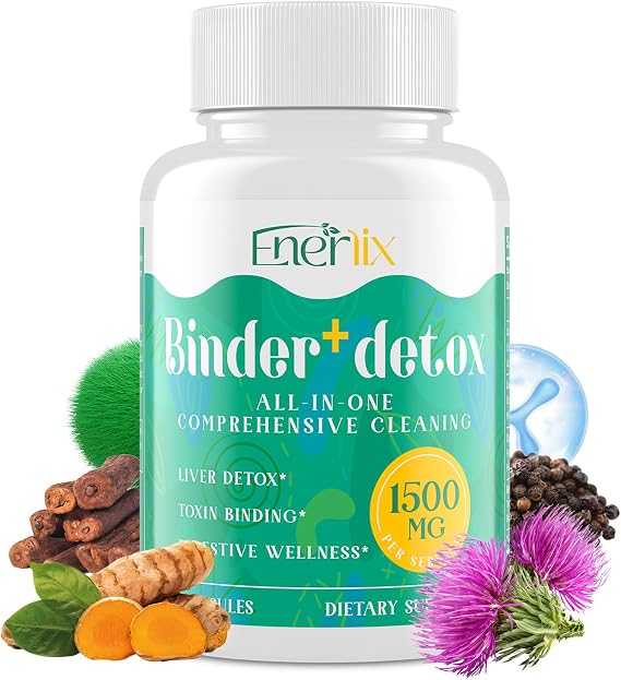 Enerlix 15-in-1 Detox Binder, Activated Charcoal, Zeolite & Bentonite Clay, Chlorella, 1500 MG Detox Supplement Maximum Absorbent, Liver Gut Digestive Detox Cleanse, 90 Vegan Capsules
