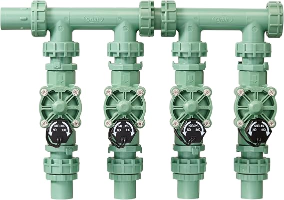 Orbit 4-Valve Heavy Duty Preassembled Sprinkler Manifold - 57257 | Easy Install, Smart Controller Compatible, Works with PVC & Poly Pipe, Includes 4 In-Line Valves for Zone Control