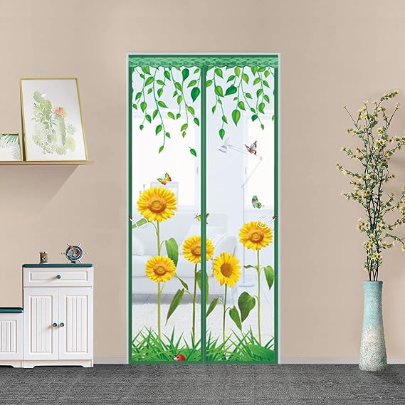 Upgraded Sunflower Pattern Magnetic Screen Door, Reinforced Heavy Duty Mesh Screen Doors Magnets, Full Frame Seal Retractable Door Screen, Hands Free Door Screen, Easy Install,80x220cm(W x H)