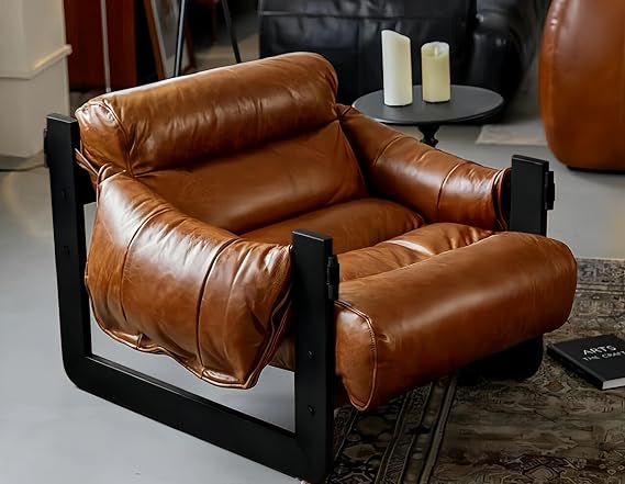 Personal Chair, Leather, Nordic, Retro, Low Sofa, PU Leather, Single Seater Sofa, Reading Chair, Balcony Relax, Comfortable Chair, High Load Capacity, Water and Stain Resistant, Easy to Assemble, Parlor, Bedroom, Home Use Dark Brown
