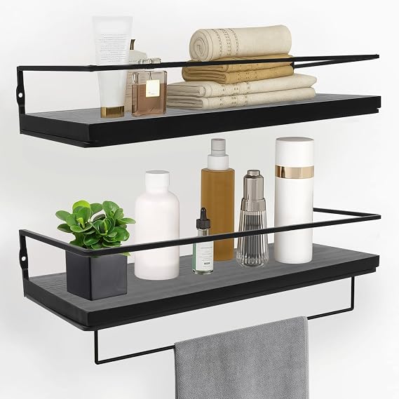 Floating Shelves for Wall Set of 2, Bathroom Shelves Wall Mounted with Towel Rack, Over The Toilet Shelf, Corner Wall Shelf for Living Room Bedroom Decor Kitchen Bathroom Storage (Black)