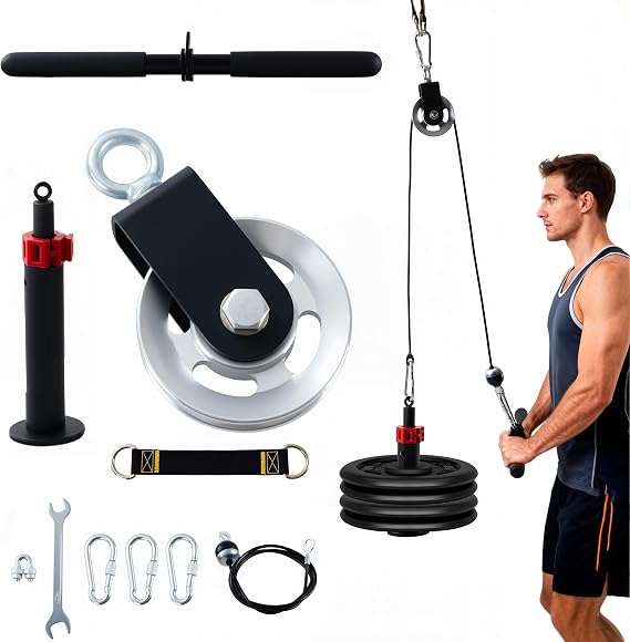 Home Gym Pulley System, LAT Pull Down and Tricep Workout Equipment | Quiet, smooth aluminum wheel guides cable; straight bar, loading pin plus webbing support rows, curls, biceps, back training